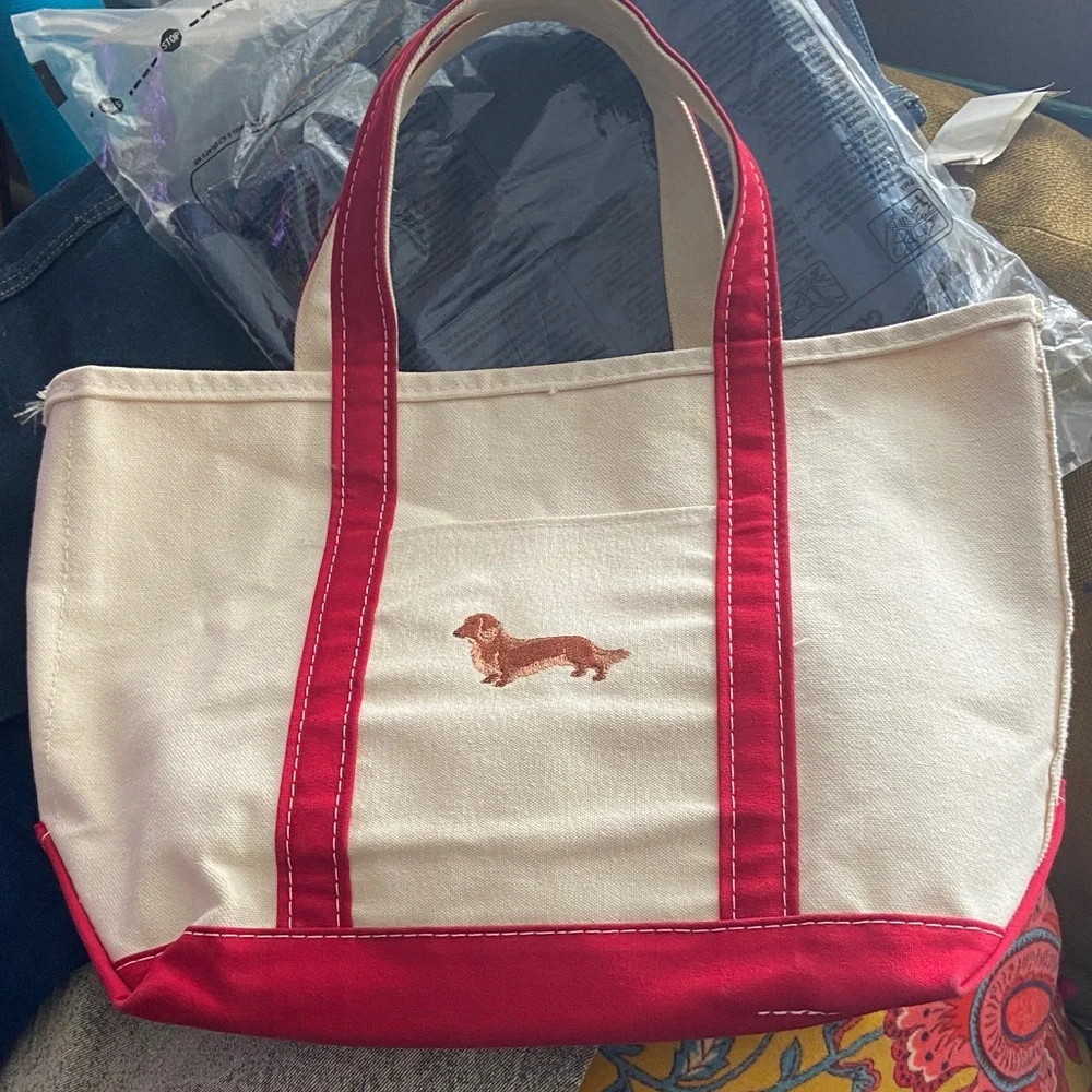 L.L. Bean Cream and Red Boat And Tote with Embroidered Dachshund - Picture 1 of 7